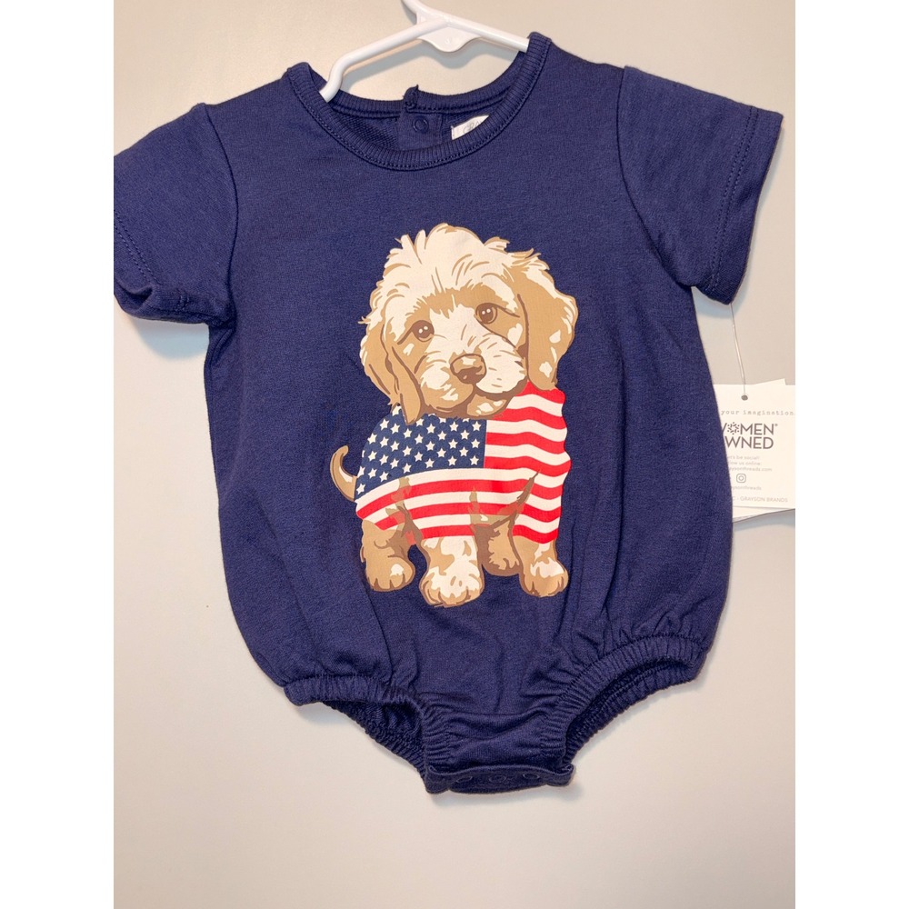 Grayson Threads Baby Navy Blue Puppy American Flag Bubble Romper 0-3M NWT